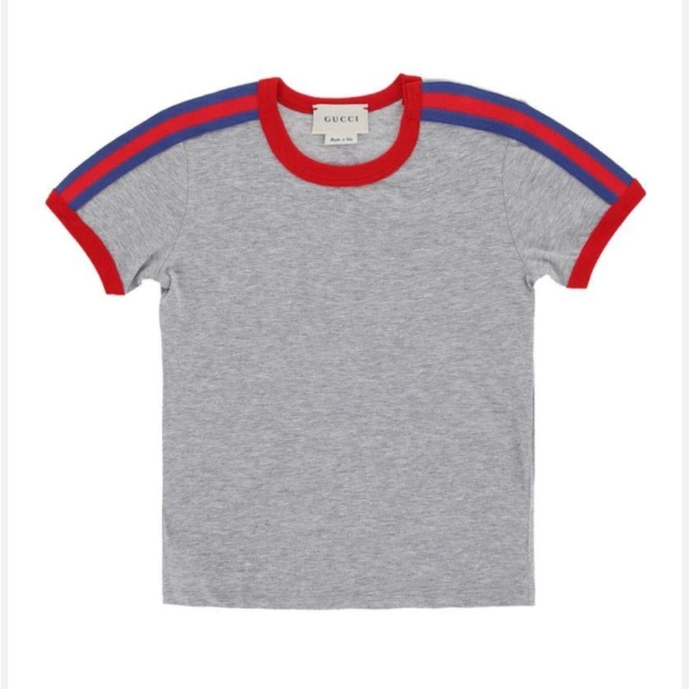 GUCCI Boys 4-5Y Gray Short-Sleeve Cotton Tee w/Signature Red/Blue Stripes - EUC!